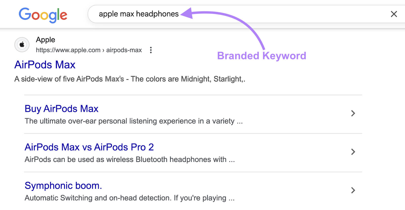 An example of a branded keyword search is "apple max headphones."