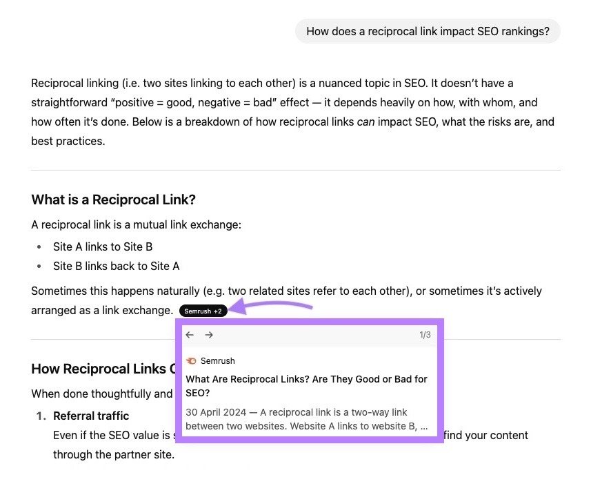 ChatGPT response citing an article by Semrush which uses the BLUF technique.