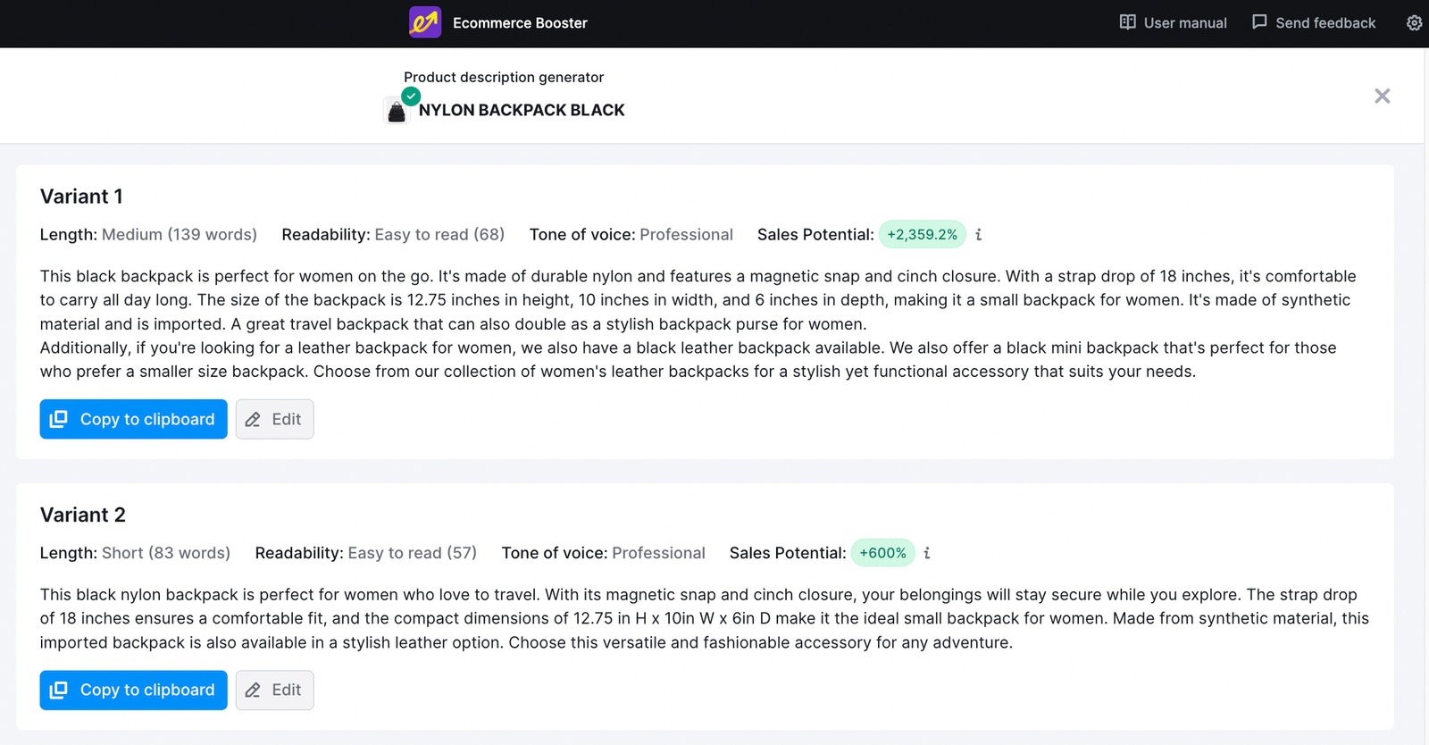 Ecommerce Booster app-generated meta description variations for "nylon backpack black"