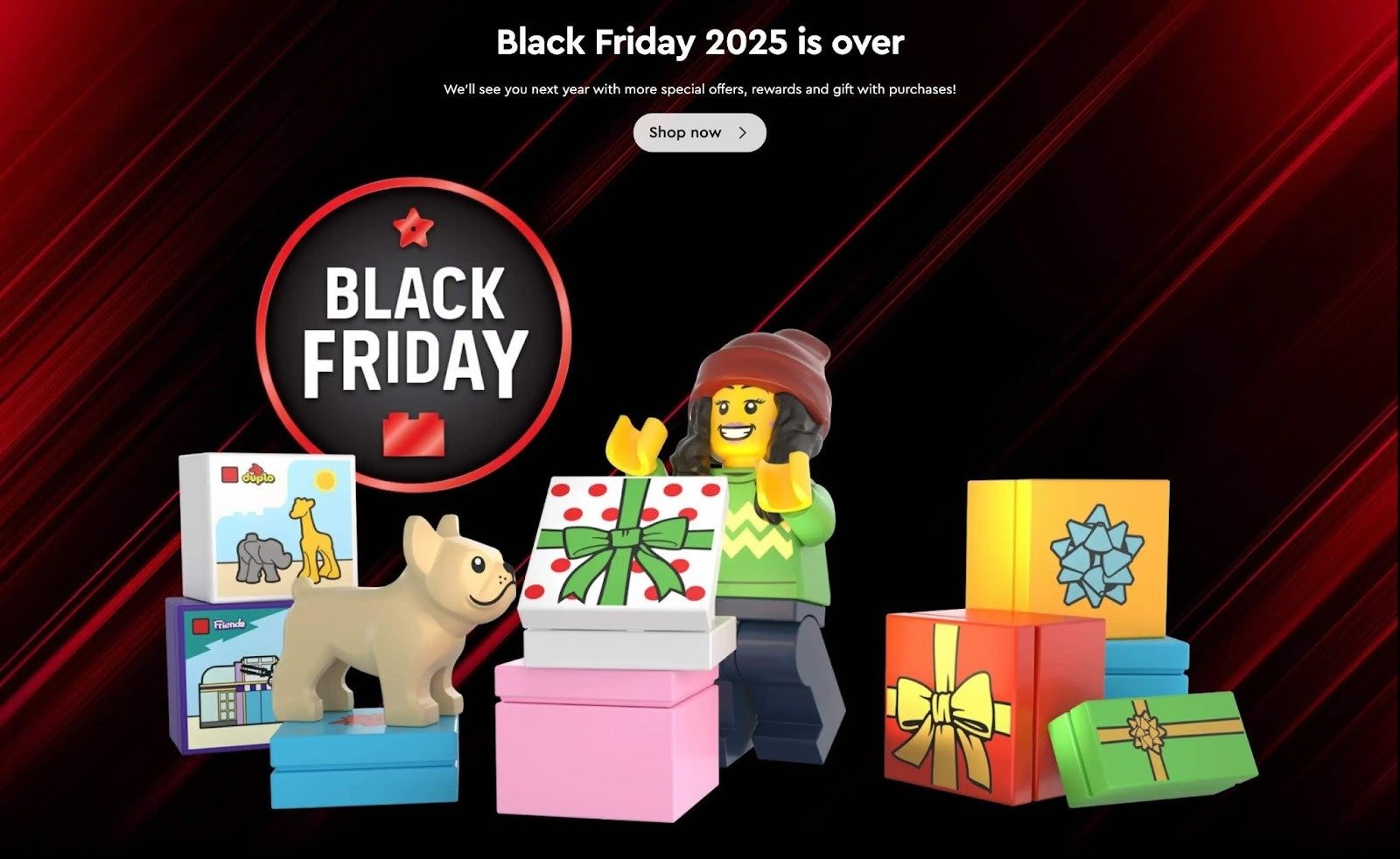A Black Friday landing page by LEGO building anticipation for the coming year and encouraging visitors to continue shopping.