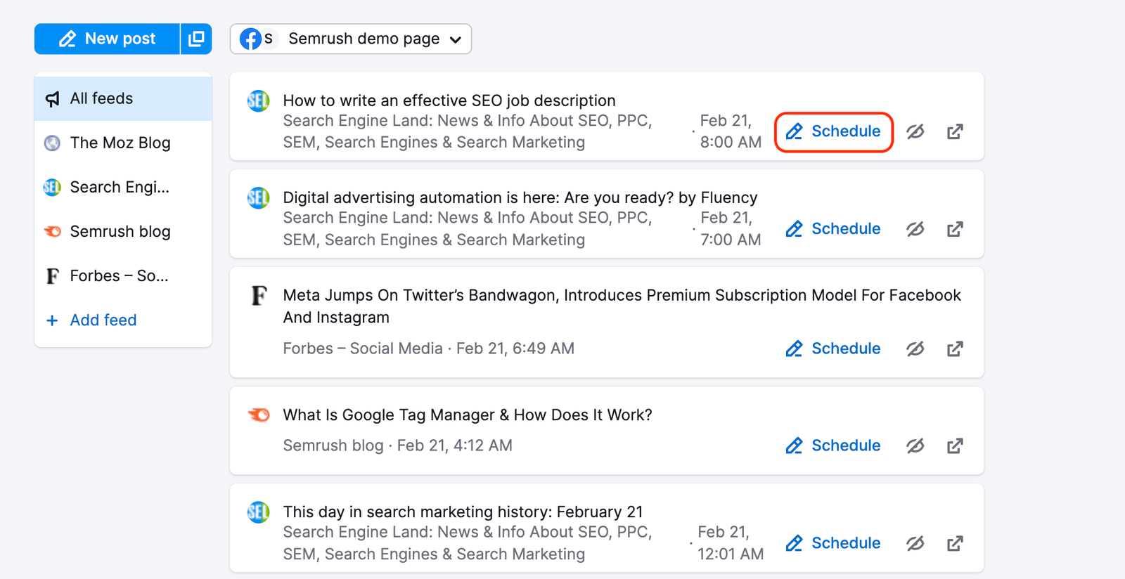The Schedule button is highlighted on the article card.