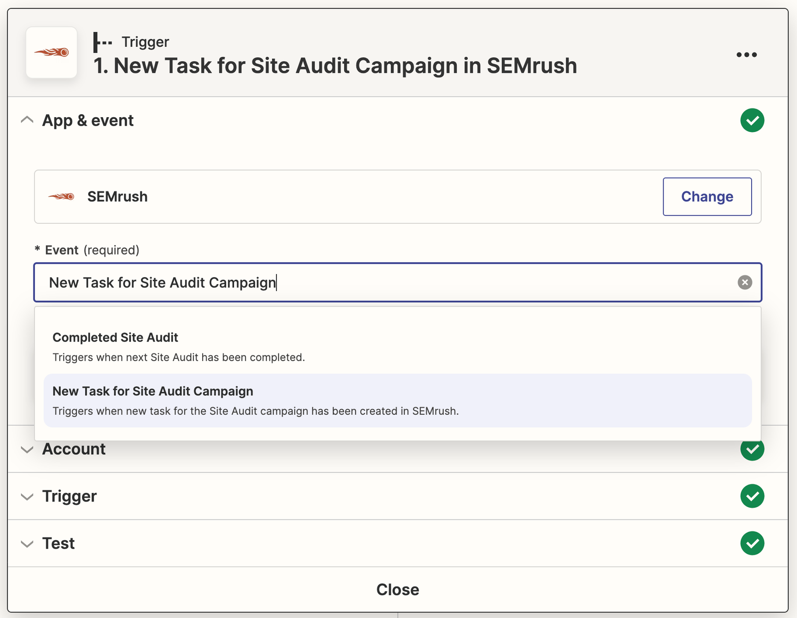 Screenshot from Zapier showing how to select 'New Task for Site Audit Campaign' event in the drop-down.