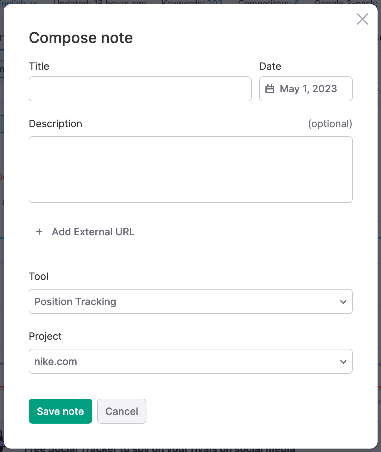 A pop-up window for a new note that appears in Position Tracking.