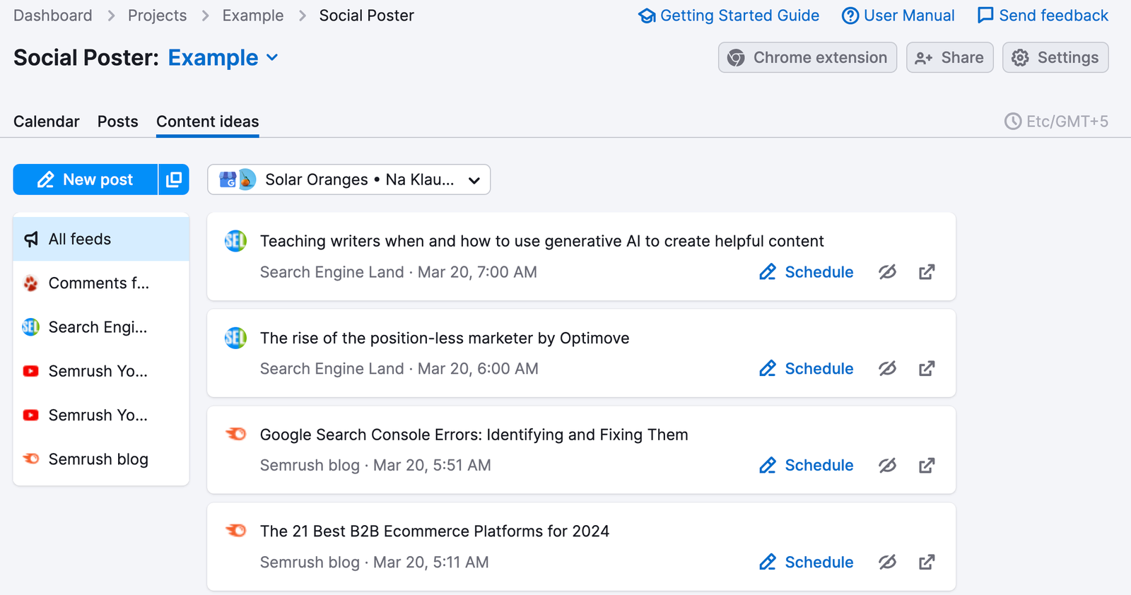 An example of the Content Ideas tab in Social Poster.