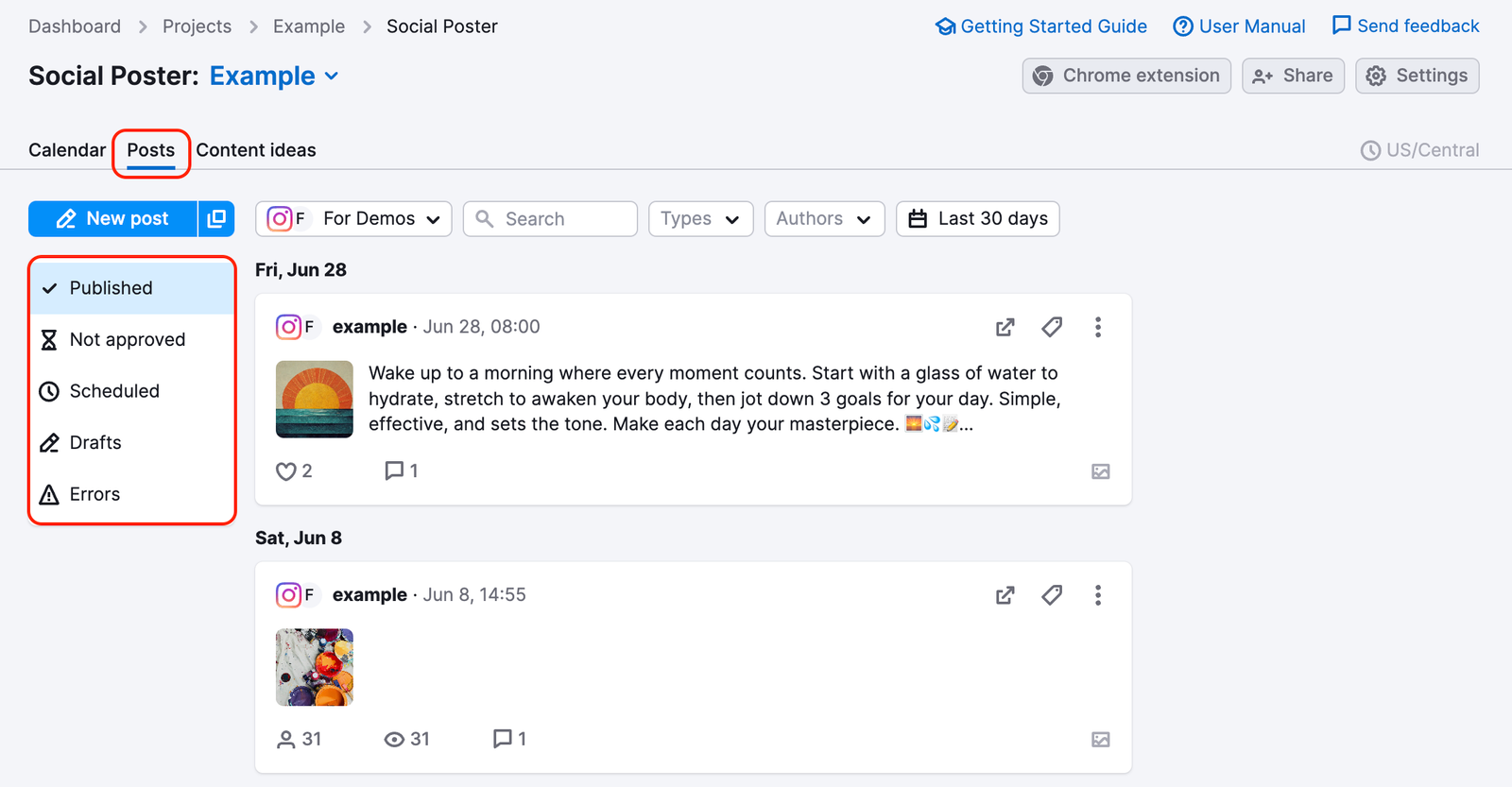 The Posts tab and a selector of published, not approved, scheduled, draft posts, and posts with errors are highlighted.