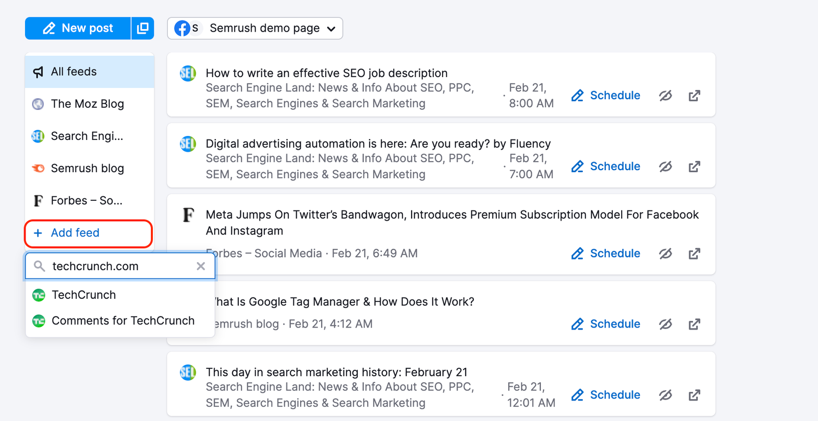 The Add feed button is highlighted at the end of the feeds list on the left.