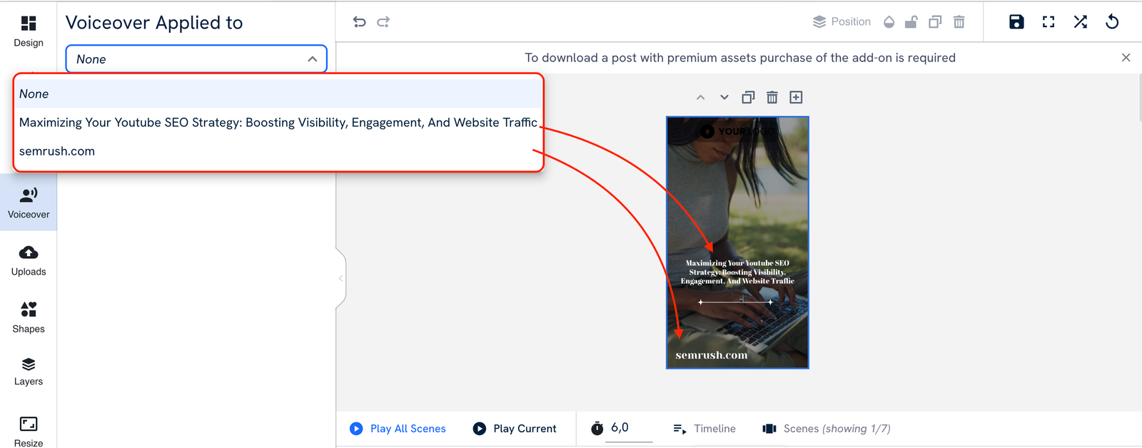 The Voiceover menu with the drop-down 'Voiceover Applied to'. In the drop-down there are parts of the text from your post that can be voiced. 