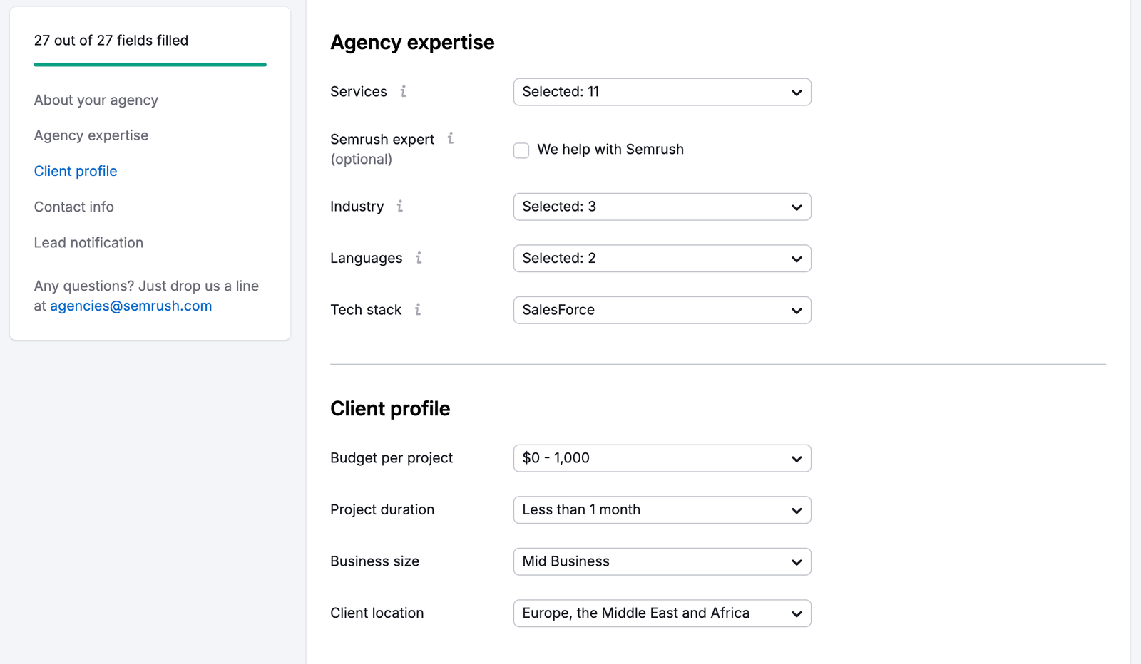 Display of the Agency Expertise and Client Profile fields.
