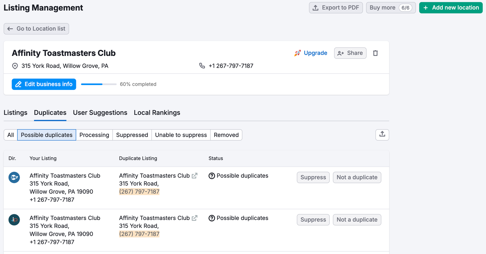 Example of the Duplicates tab.