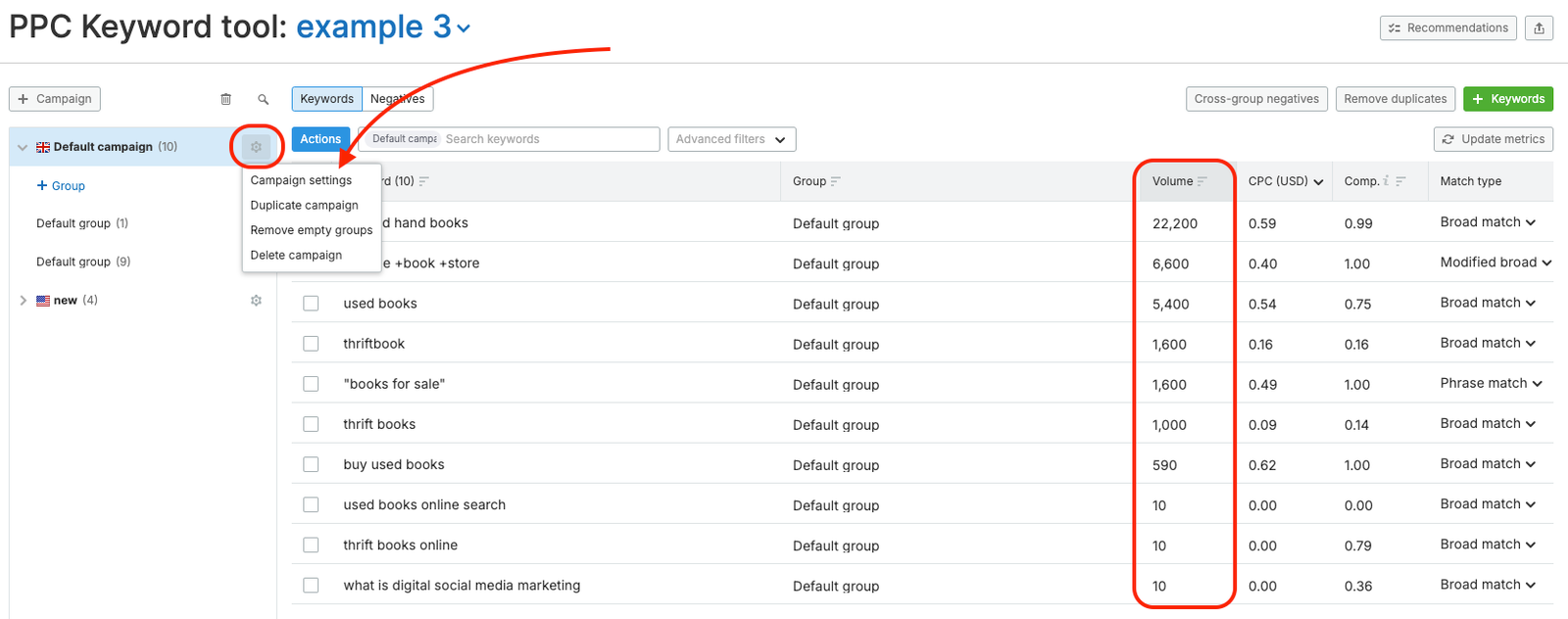 The settings drop-down and the Volume column are highlighted in the PPC Keyword Tool.