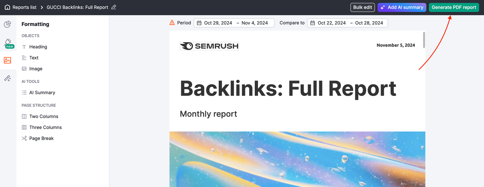 A red arrow highlights the button to generate reports.