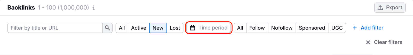 The Time period filter is highlighted next to the All/Active/New/Lost selector. 