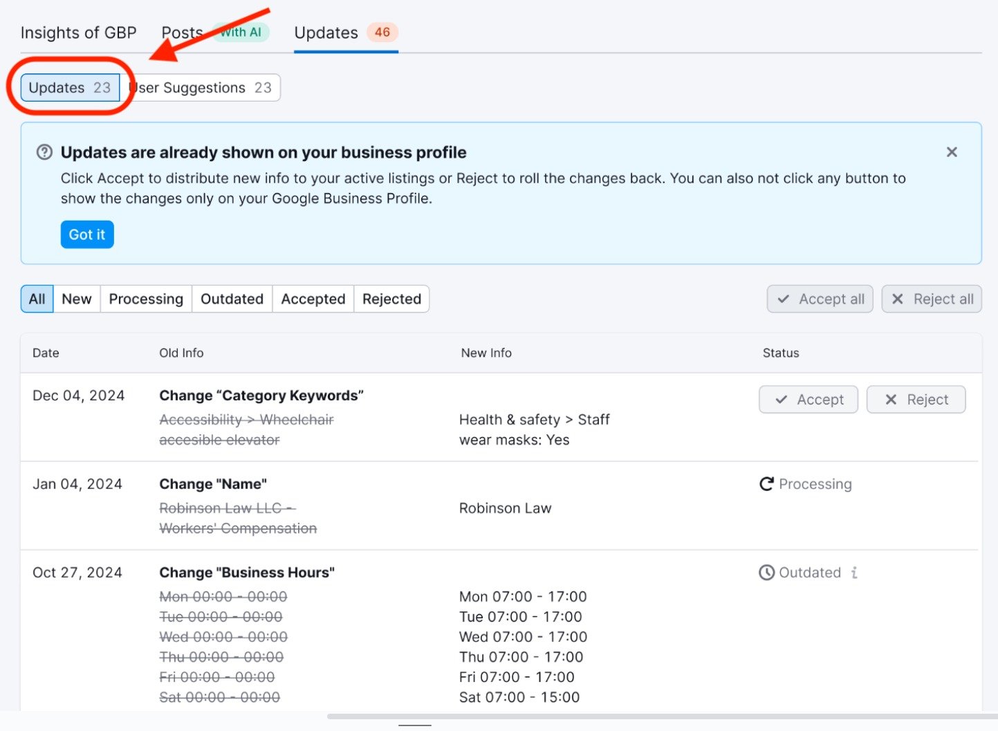 The Updates tab is highlighted. 