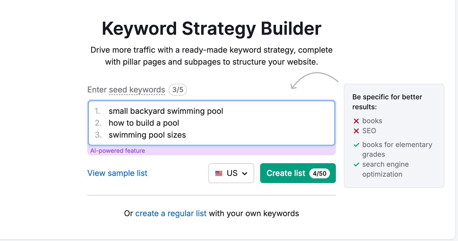 Keyword Strategy Builder start page with five example seed keywords entered to create a list.