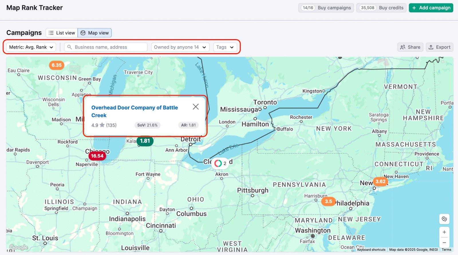 Campaigns map view in Map Rank Tracker.