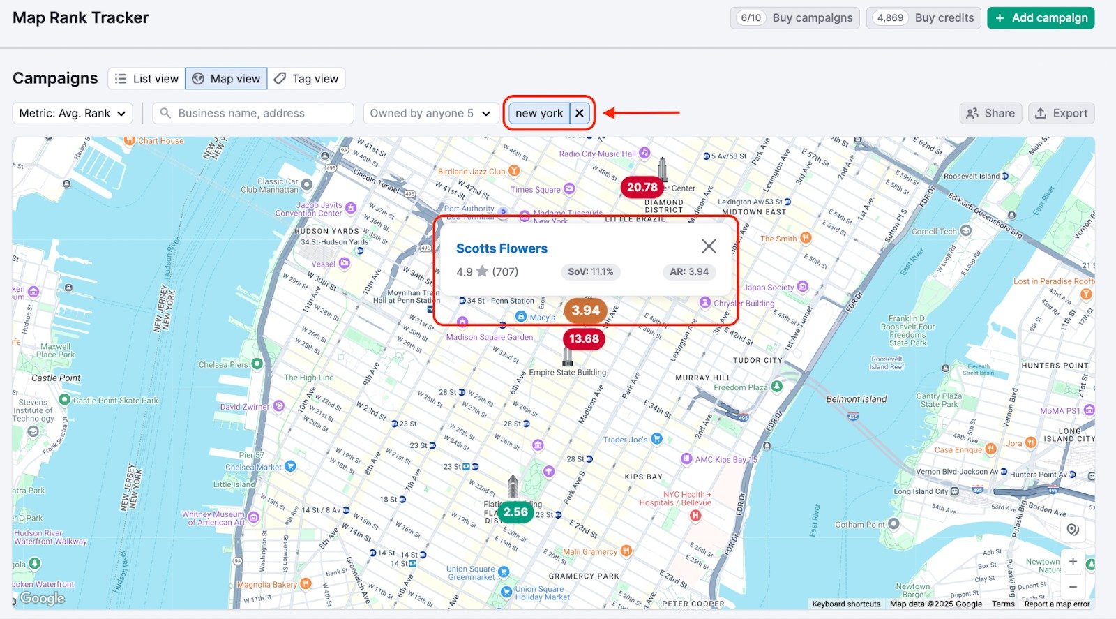 Map Rank Tracker Map view for campaigns tagged by geo area&nbsp;