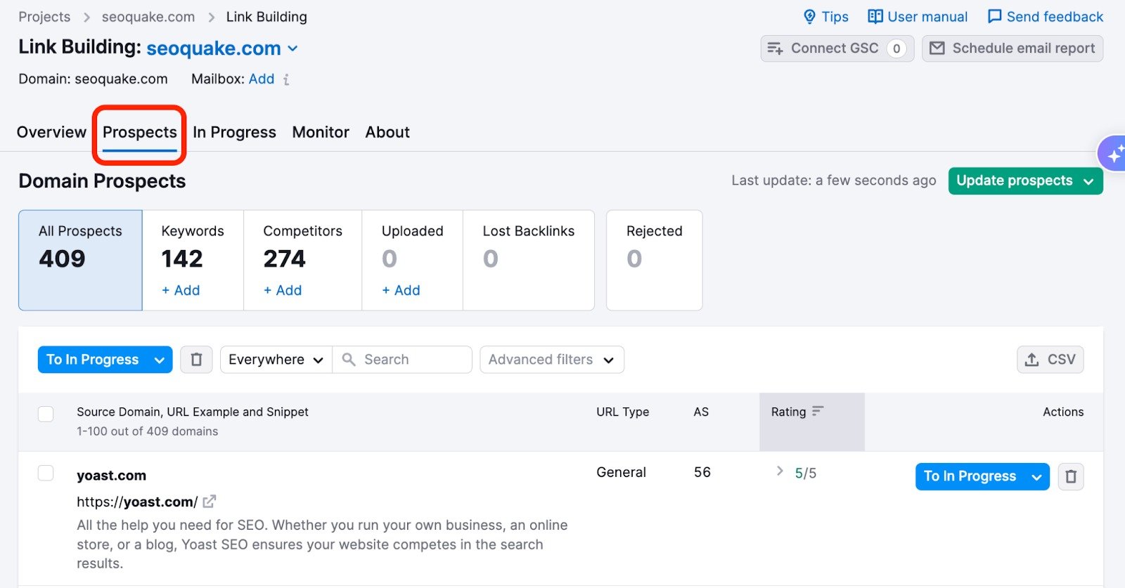 Link Building tool with the Prospects tab open.