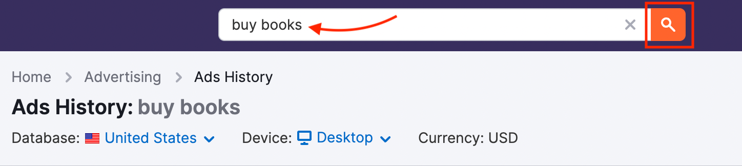 The Ads History keyword search bar.