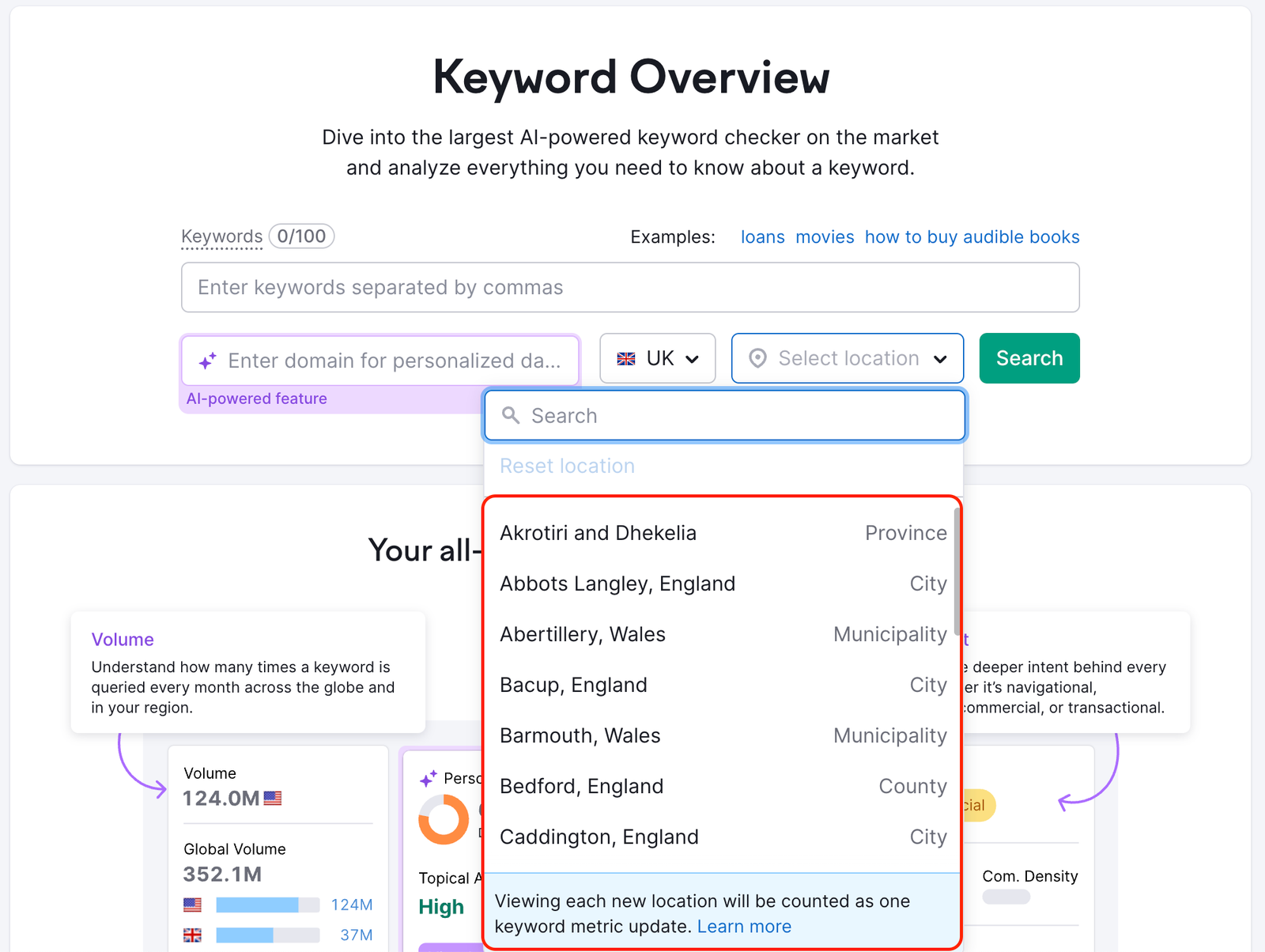 Keyword Overview landing page. A red rectangle highlights the local locations available.