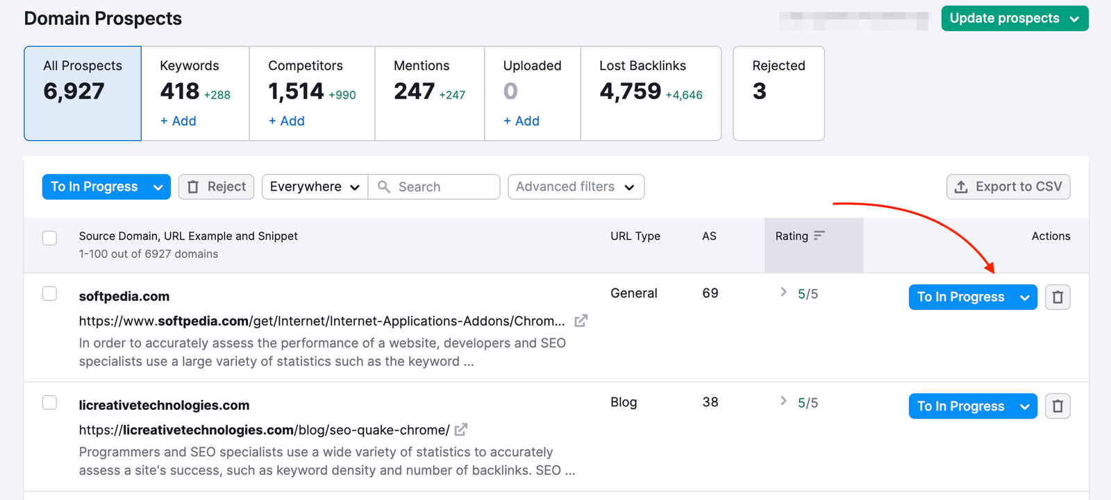 Prospects report in the Link Building tool, with a red arrow pointing to the To In Progress button in the last column on the right.