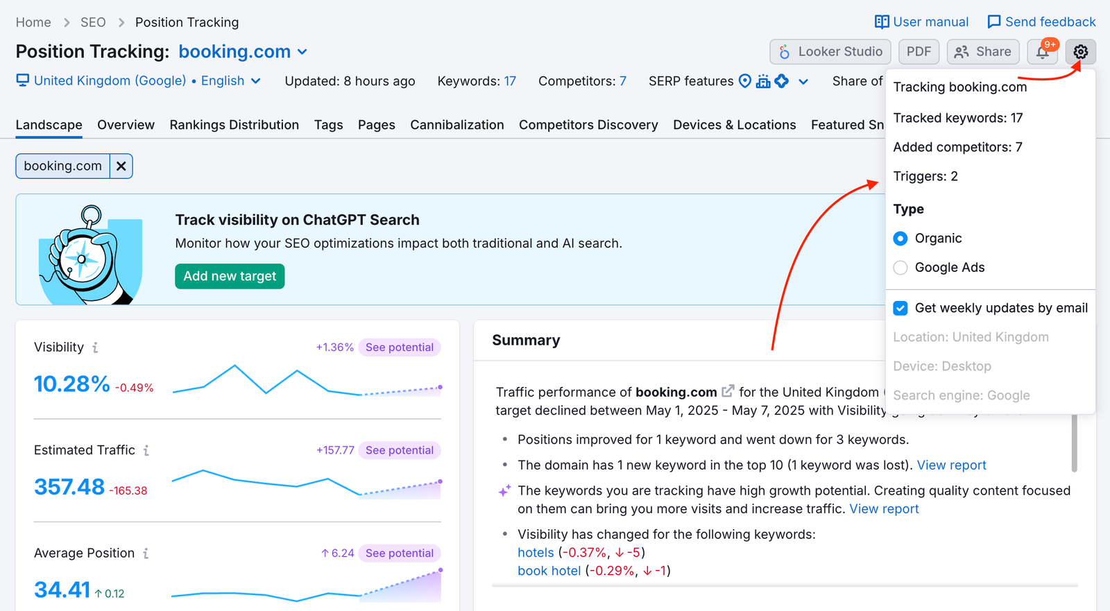 The Triggers are highlighted in the settings drop-down on the right.
