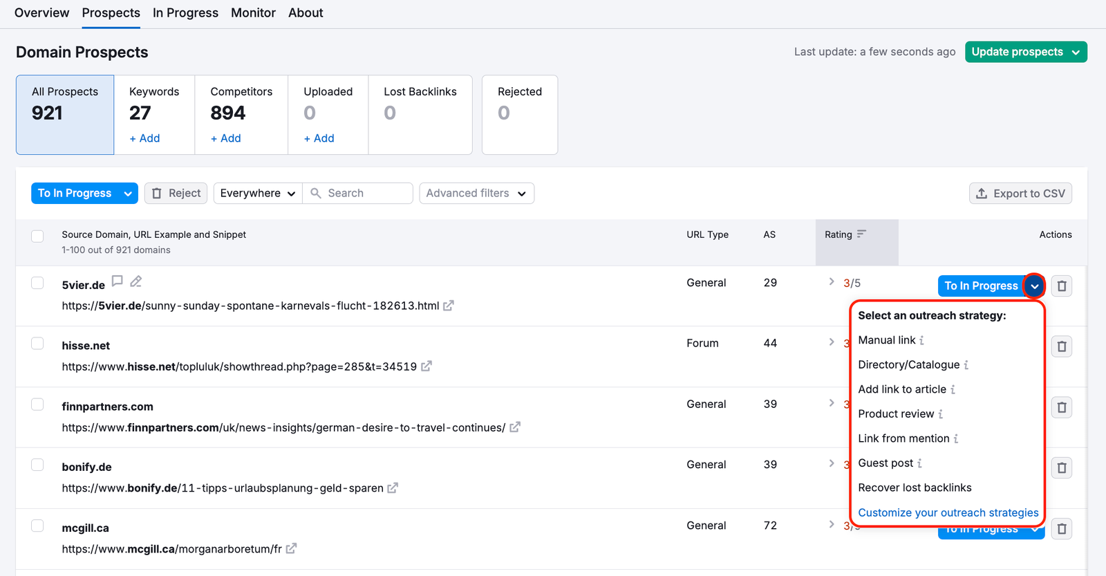 Link Building Prospects tab is open, with the To In Progress button highlighted.