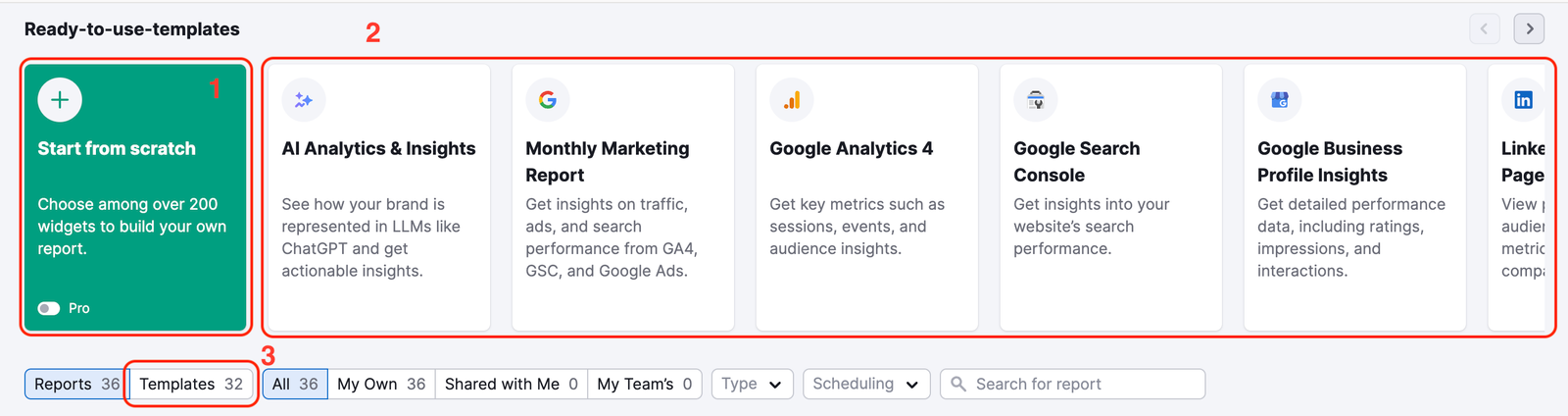 Where to click to create reports from scratch, from a pre-existing template, or your own custom template.