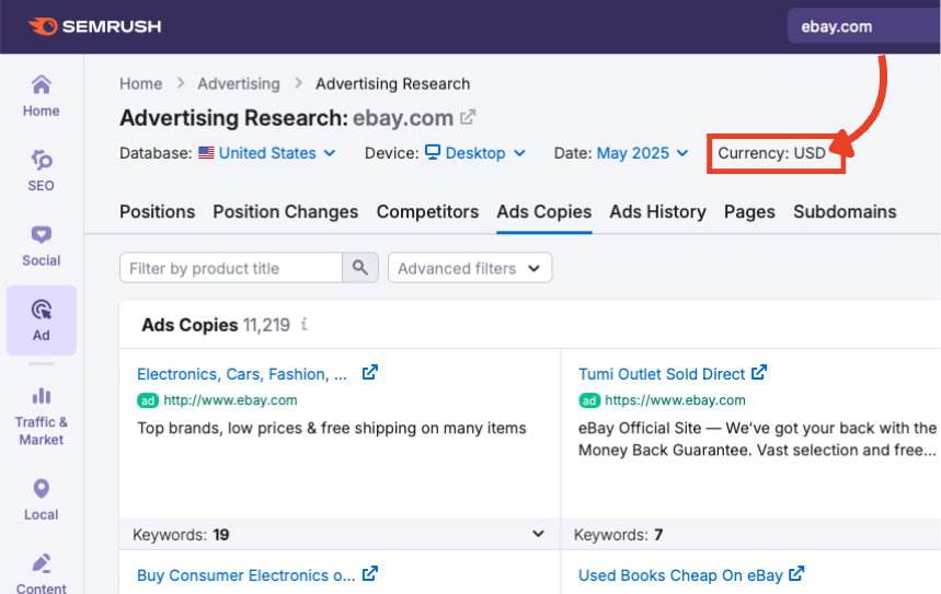 The currency indicator in Advertising Research set to USD.