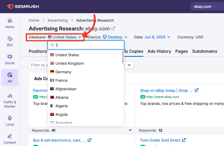 The database selector in Advertising Research showing United States selected.