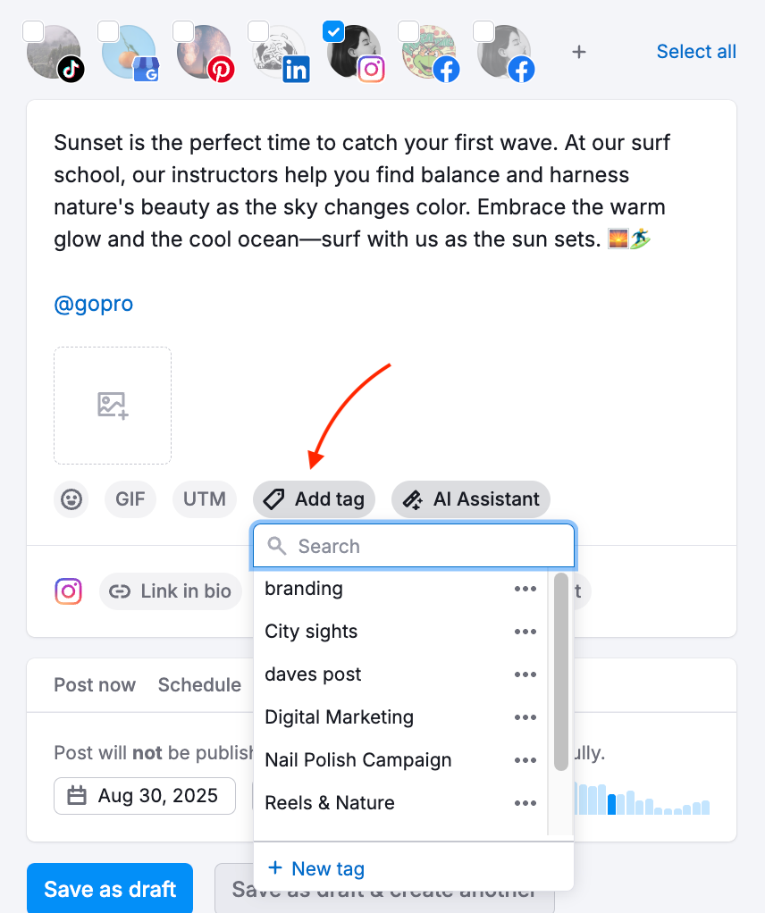 Post editor in Social Poster with the red arrow pointing to the Add tag button at the bottom.