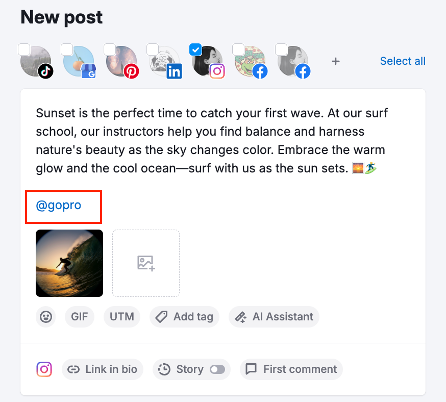 Post editor in Social Poster with an example of adding a mention of Instagram.
