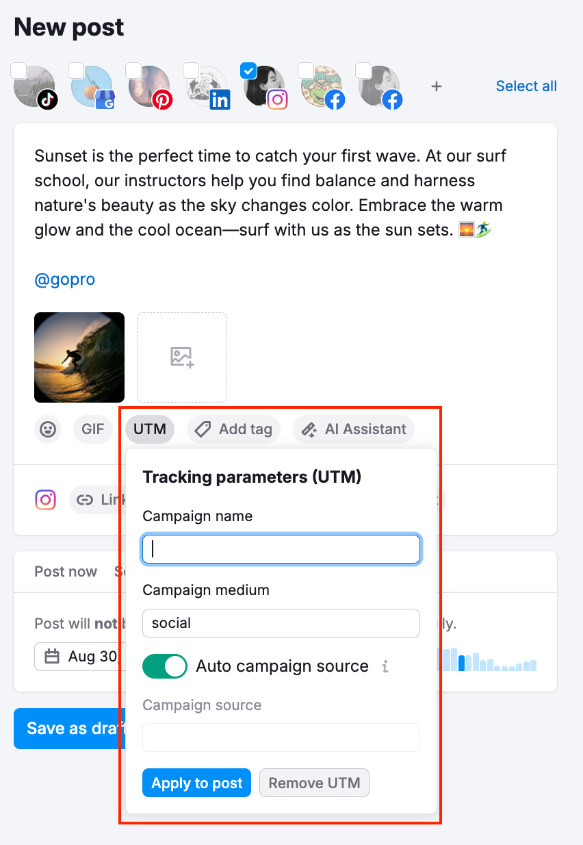 Social Poster post editor with the UTM settings drop-down expanded, allowing configuration of UTM parameters.
