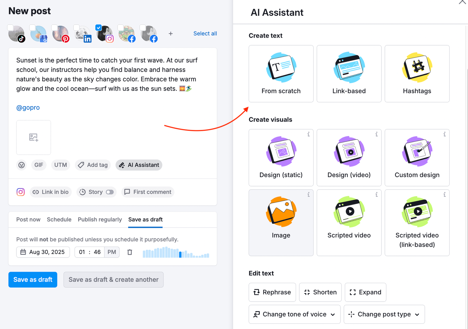 AI Assistant right-hand menu open, with a red arrow pointing to the Create text from scratch option.