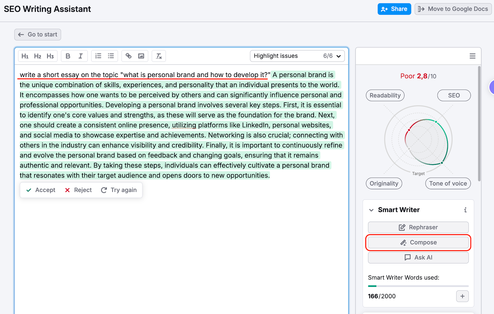 Example of the Compose with AI feature.