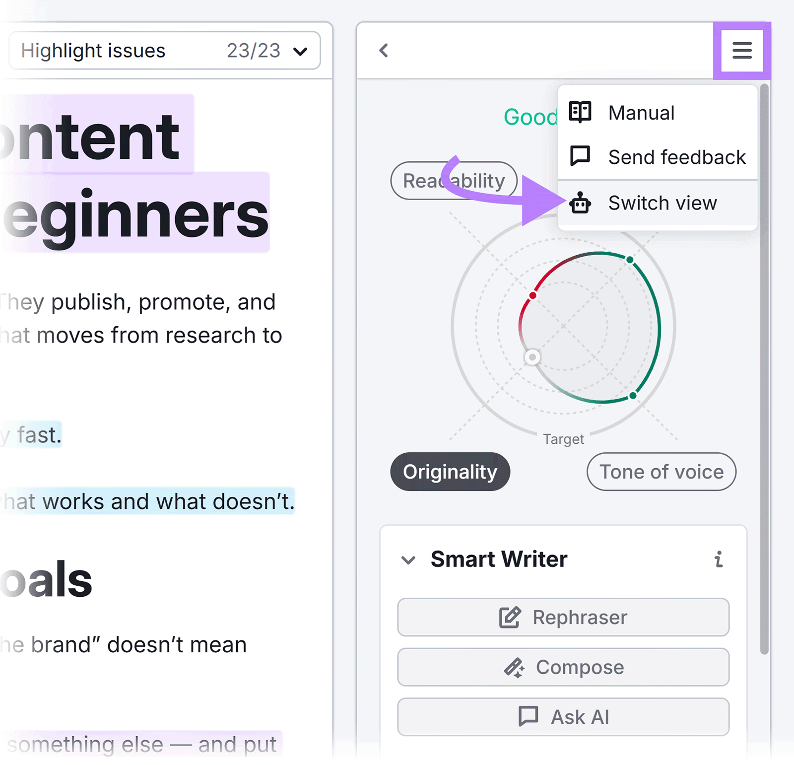 Three-line icon highlighted and arrow pointing to Switch view option in dropdown menu.