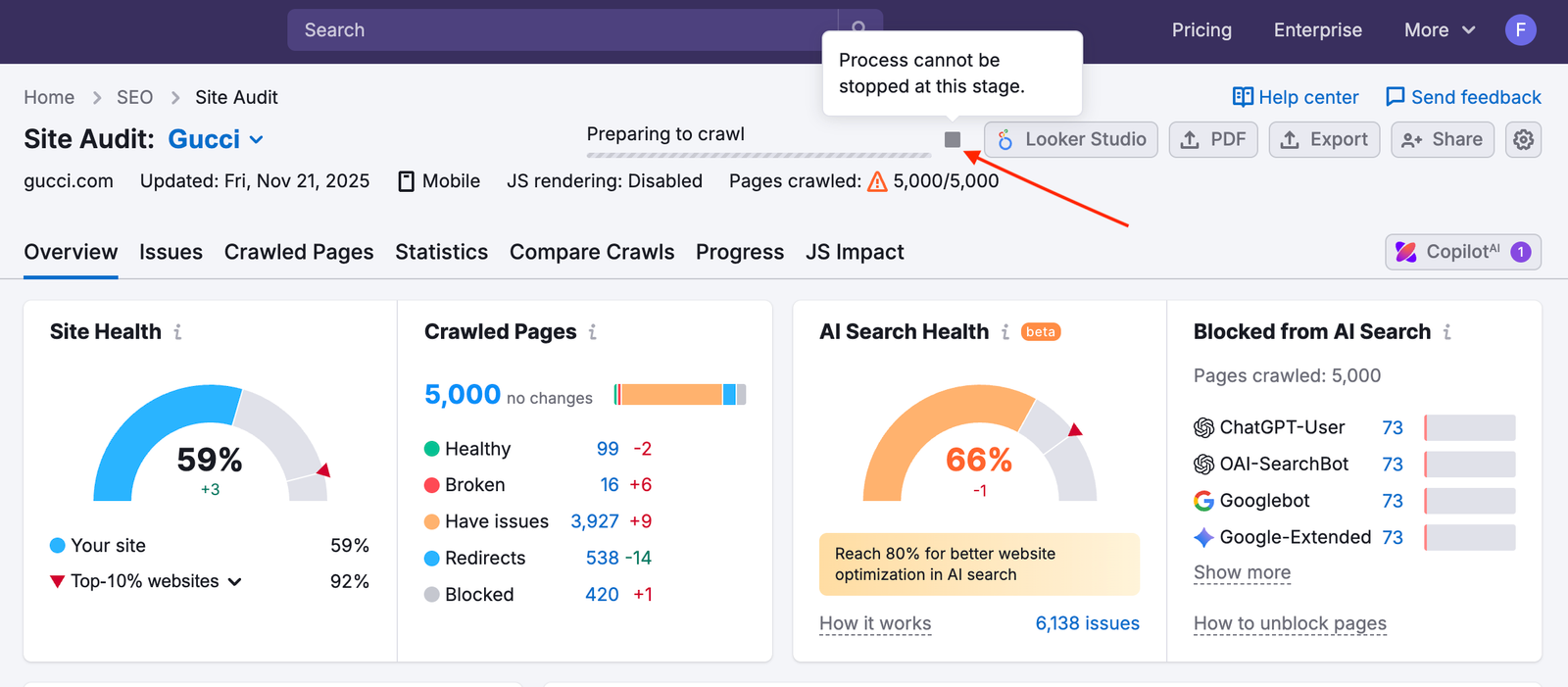 What the restriction on stopping the crawl process looks like.